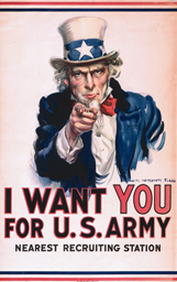 Old Army Recruting Post of Uncle Sam in Red White Blue, pointing finger